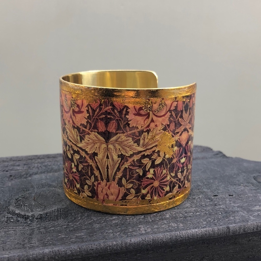 Vintage floral print wide cuff boho statement exotic style bracelet leafy flower